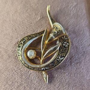 Vintage Damascene Gold and Silver Floral Brooch With Pearl Accent